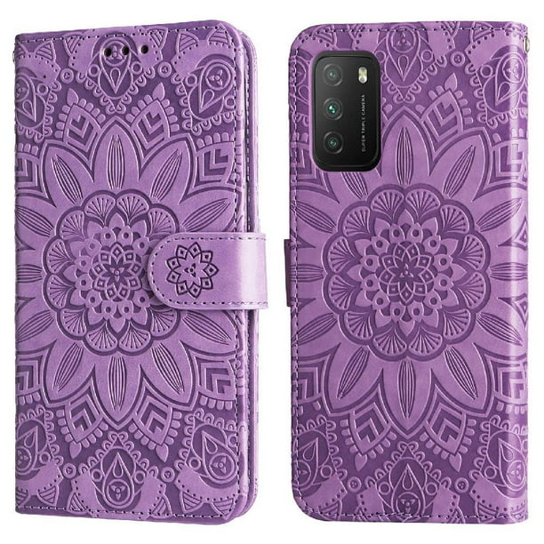 Funda tipo cartera FOXDOCK para Xiaomi Poco M3 , diseño girasol en relieve, cuero PU, cierre magnético, soporte y tarjetero