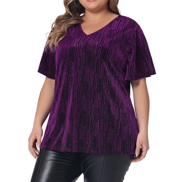 Agnes Orinda Blusas para Mujer Tallas Grandes Cuello en V Manga Corta Metálica Camiseta Tops de Fiesta 3X Púrpura