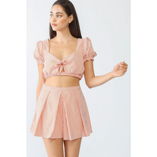 Conjunto de Top Corto de Manga Corta con Lazo y Shorts de Cintura Alta con Estampado de Rayas Blancas y Naranjas