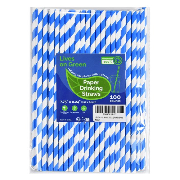 Pajillas de papel Lives on Green 20 cm con rayas azules – 100 uds