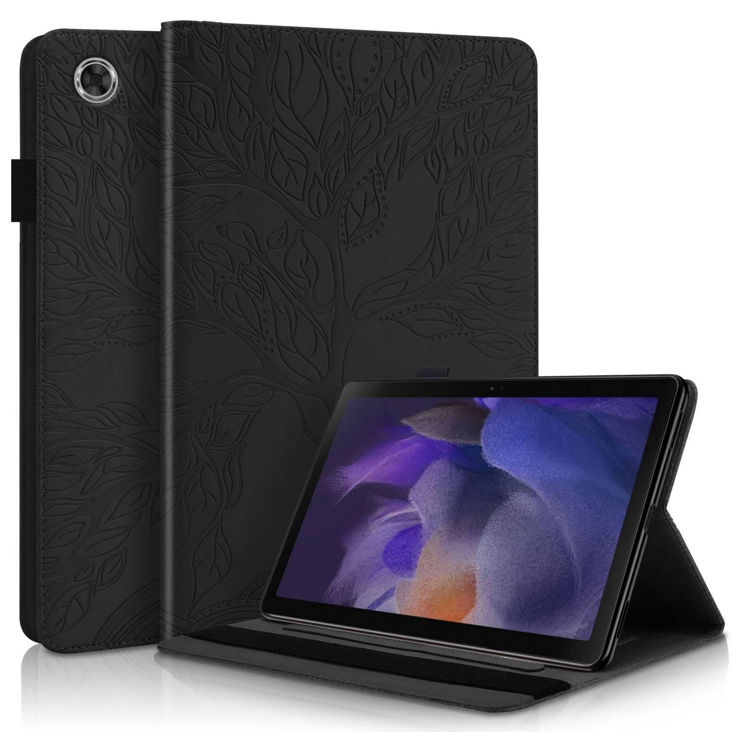 Foxdock - Funda Con Relieve Del Árbol De La Vida Para Tablet Samsung Galaxy Tab A9 Con Soporte, Ranuras Para Tarjetas Y Soporte Para Lápiz Óptico. Negro