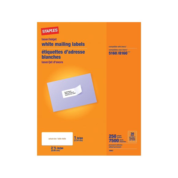 Address Labels 479884, 7500 etiquetas blancas de 1 x 2.6 pulgadas