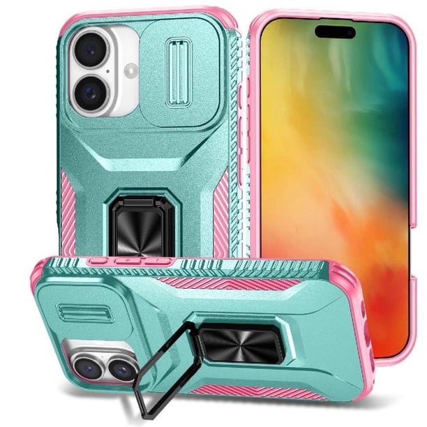 Funda Armada para iPhone 16 Plus con Tapa Deslizante y Soporte Magnético Giratorio Verde