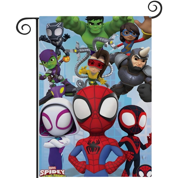 Spidey y sus Sorprendentes Amigos-bandera de jardín temática. Regalo perfecto para fans, amigos y familiares, ideal para actividades al aire libre y decoración de fiestas.28CM*45CM