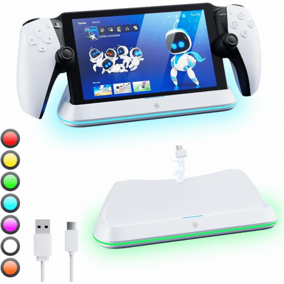 Soporte de carga para PlayStation Portal,PS Portal Stand con 7 modos de luz RGB, PS5 Portal Portable Charging Dock Station con conector magnético y cable de carga USB-C.-Blanco