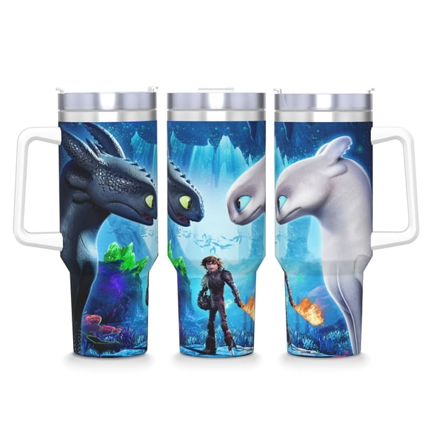Cómo Entrenar a tu Dragón Vaso aislado de acero inoxidable con asa, diseño temático, regalo para familia, amigos y fans; incluye pajita y encaja en el portavasos estándar, 40 oz