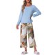 thumbnail image 1 of INSPIRE CHIC Conjunto de Pijama de Manga Larga para Mujer, Conjunto de Descanso Suave y Elástico con Top Sólido y Pantalones Capri Florales para Casa XL Azul, 1 of 6