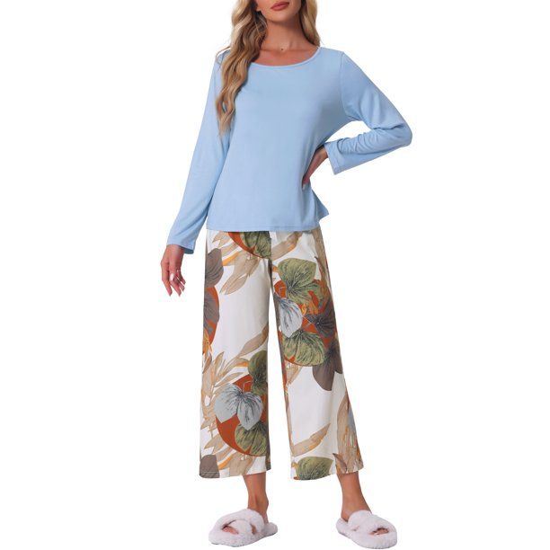 INSPIRE CHIC Conjunto de Pijama de Manga Larga para Mujer, Conjunto de Descanso Suave y Elástico con Top Sólido y Pantalones Capri Florales para Casa XL Azul