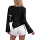 thumbnail image 4 of INSPIRE CHIC Blusa de punto ajustada asimétrica para mujer Y2K con cuello drapeado y mangas largas de trompeta Primavera Otoño Camisas para salir Mediana Negra, 4 of 6