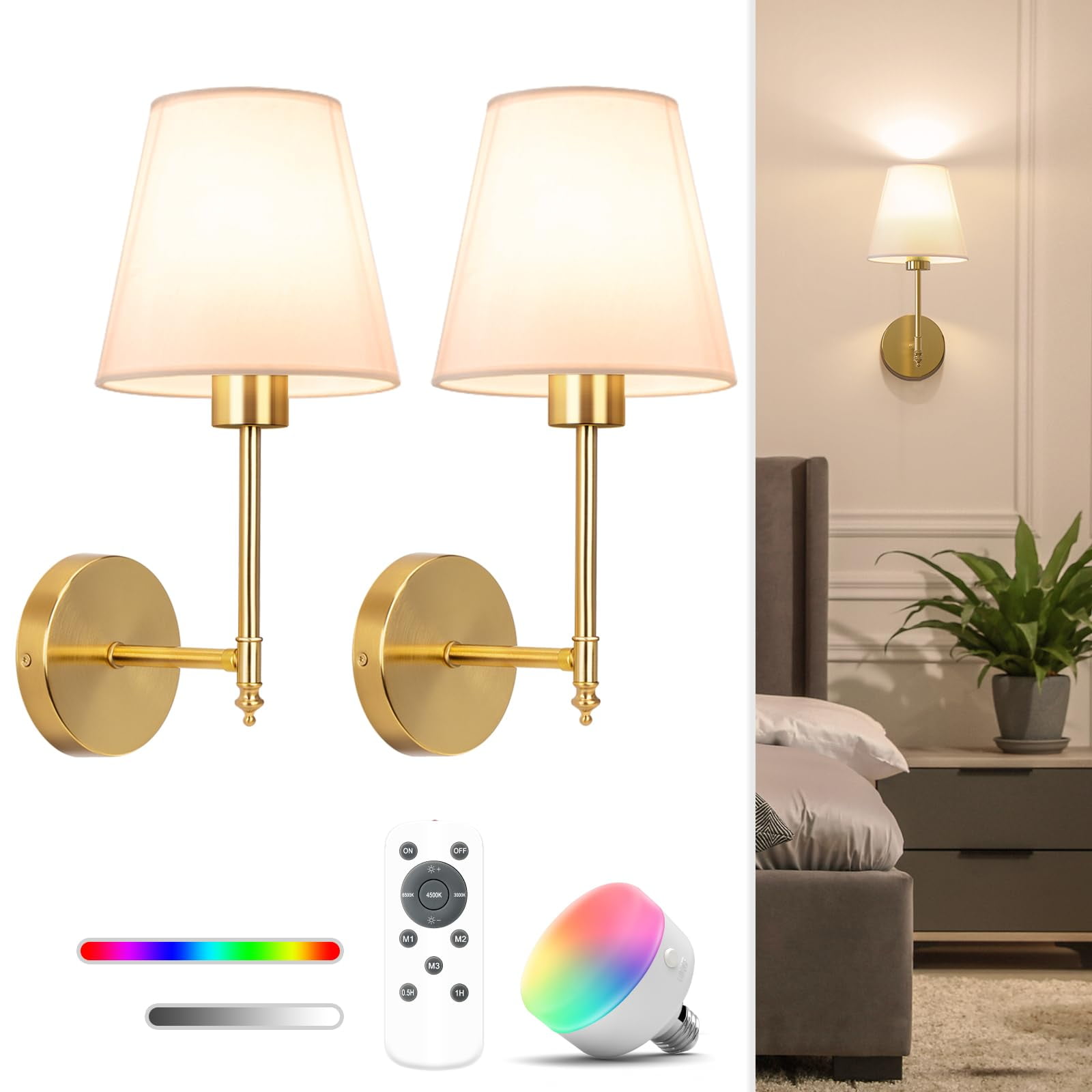 Lámpara De Pared Con Pilas Niorsun De 37 Cm Con Mando A Distancia, Color Dorado