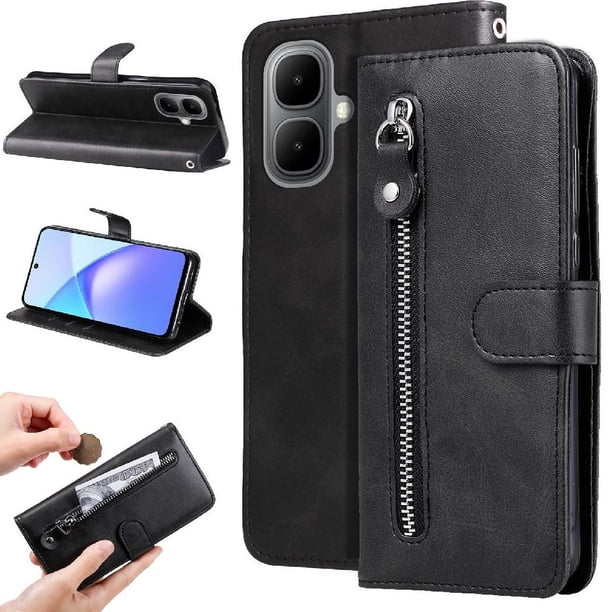Funda tipo cartera para Infinix smart 10 4G con bolsillo con cremallera y ranuras para tarjetas – Función de soporte Negro