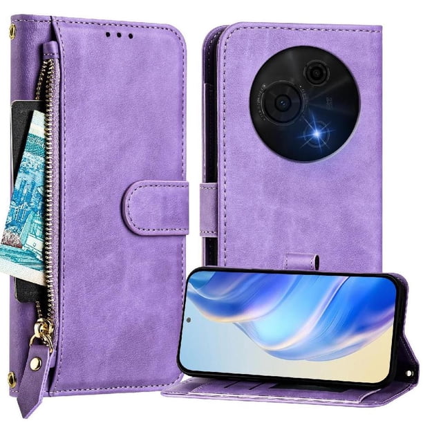 Funda Billetera Cremallera para TCL 60 XE NxtPaper 5G con Porta Tarjetas, Soporte y Correa Morado