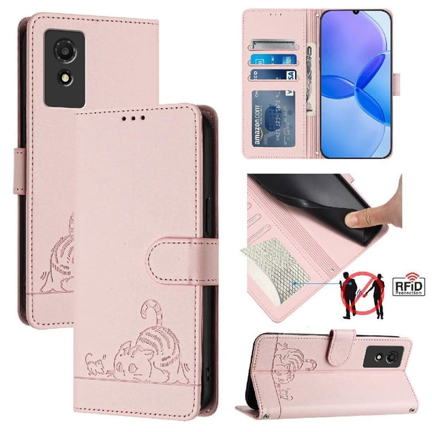 Funda tipo cartera FOXDOCK para TCL 501 con soporte, ranuras, RFID, diseño de gato