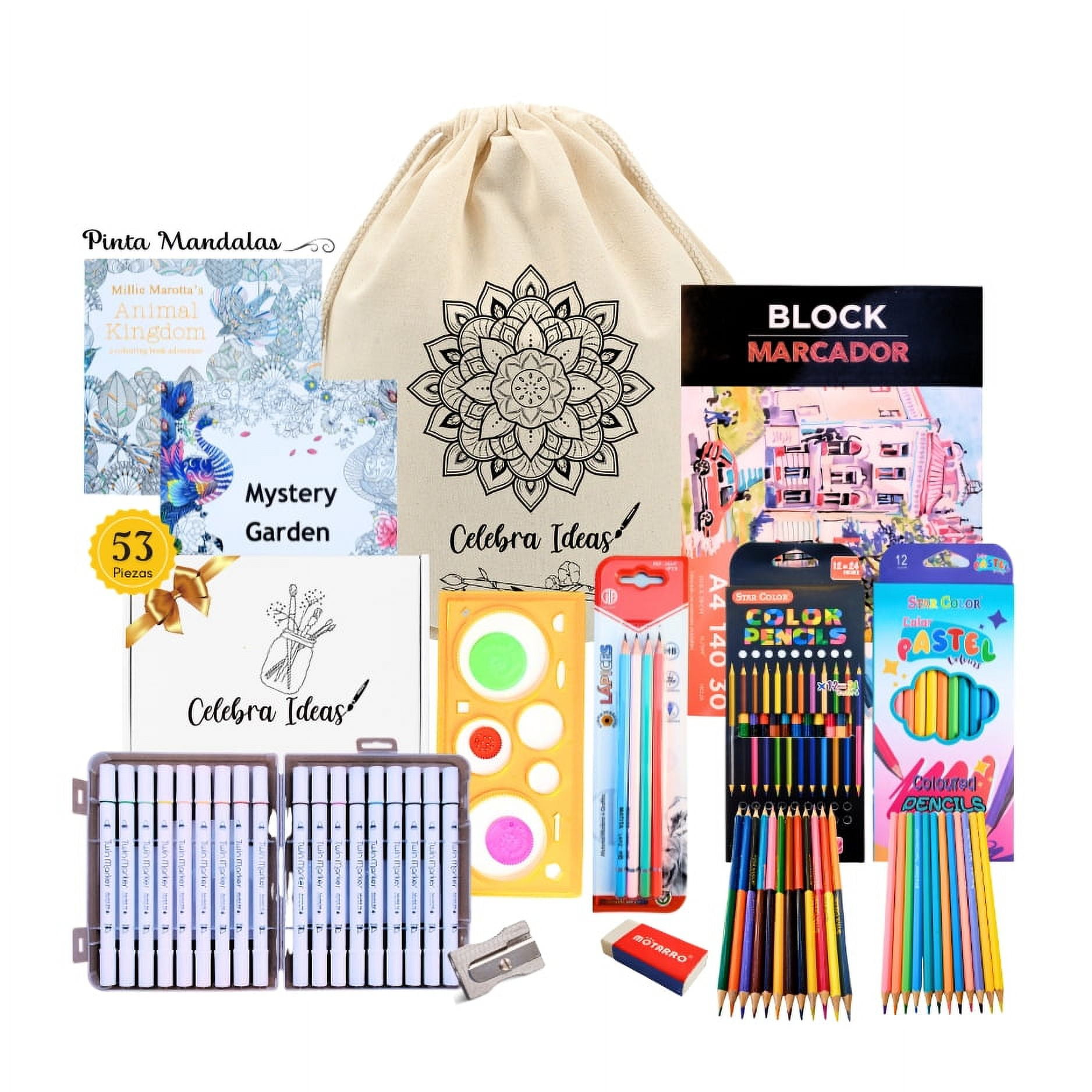 Celebra Ideas - Set Arte Dibujo Para Pintar Mandalas Con Marcadores Kit 53 Piezas