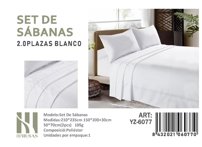 Tecnocasa - Set De Sabanas 2 Plazas Color Blanco 200 Hilos + 2 Funda De Almohada