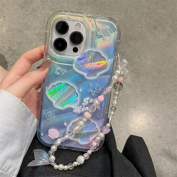 Cool Cartoon Shell Pattern Printed Transparent Protective Phone Case With Bead Bracelet, Suitable For IPhone 13 14 Pro Max