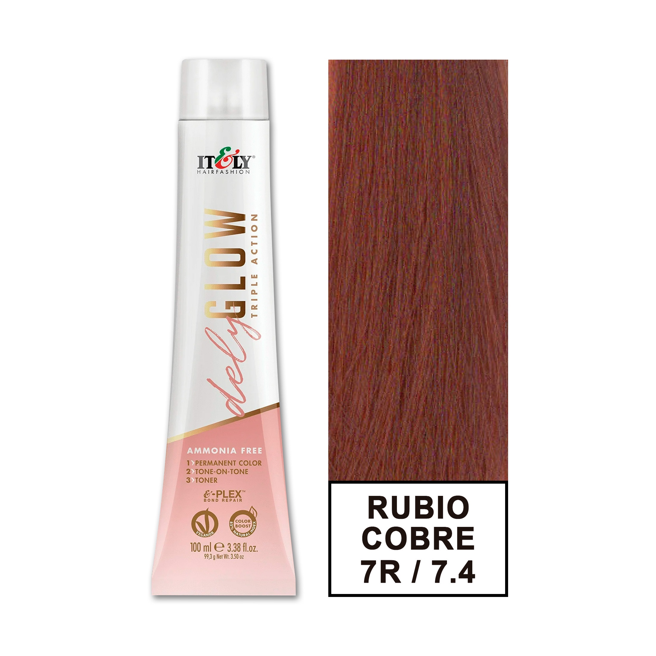 Itely Hair Fashion - Tintura Permanente Sin Amoniaco Delyglow 100Ml (Rubio Cobre 7.4 7R)