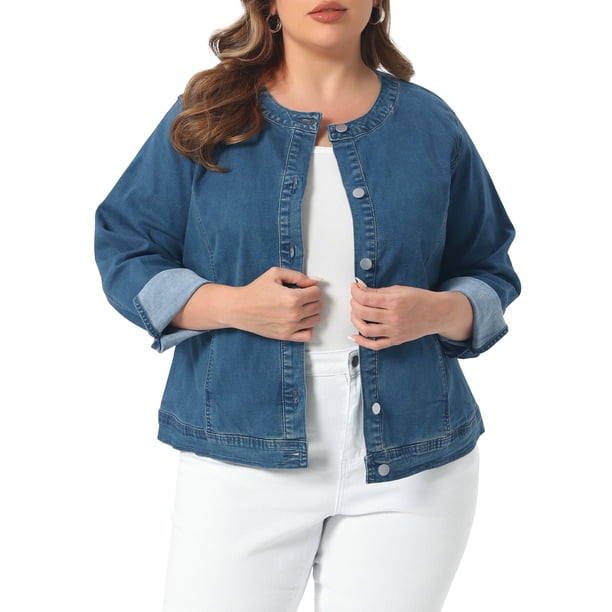 Agnes Orinda Chaqueta de Mezclilla para Mujer Talla Grande de Escuela Colegio Botón Abajo Anorak Utilitario Casual Chaquetas Cargo con Bolsillos Conjuntos 2025 2X Azul