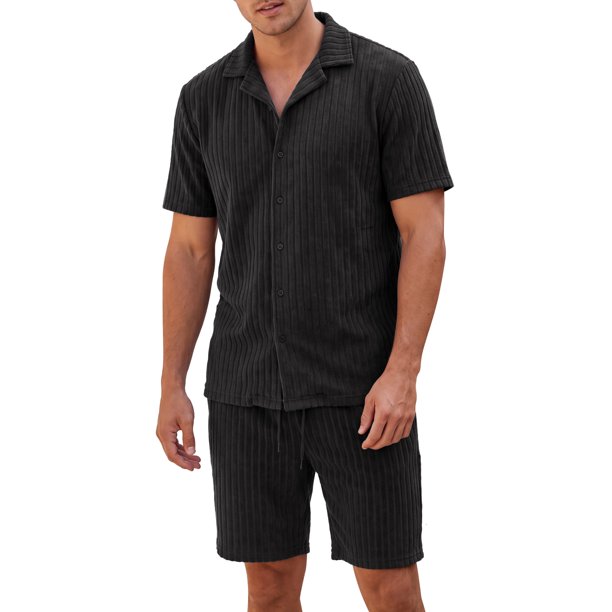 INSPIRE CHIC Conjunto de Camisa y Pantalones Cortos Texturizados para Hombre Verano Playa 2 Piezas Talla XXL Negro
