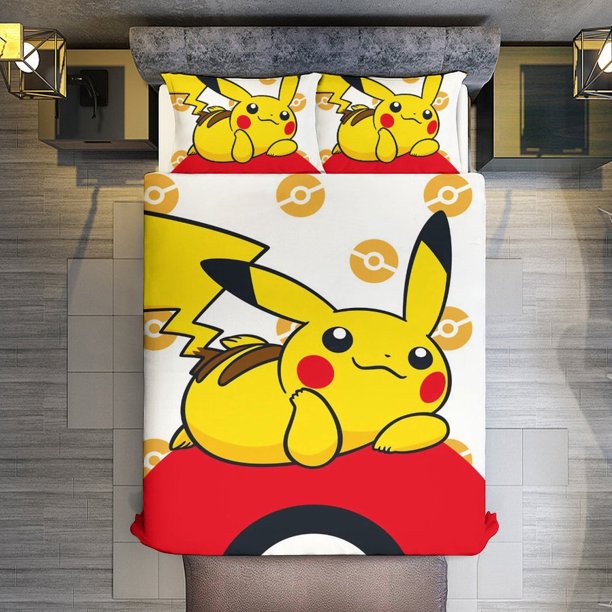 Pikachu 3 Piece Sets Full/Queen Size - Reversible Microfiber Quilts with Shams Soft Lightweight Bedspread Coverlet Comforter for All Season Bed Sheets