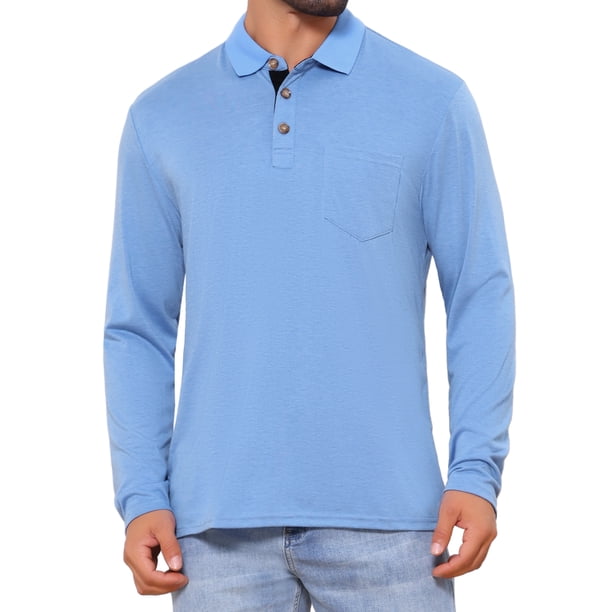 Edición INSPIRE CHIC Camisetas Polo de Golf para Hombre con Bolsillo, Cuello con Botones de Contraste, Mangas Largas 2XL Azul Claro