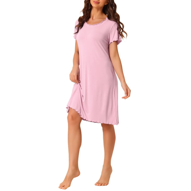 INSPIRE CHIC Camisón de Manga Corta con Volantes para Mujer, Camiseta de Dormir de Rayón Suave con Cuello Redondo para Primavera Verano, Talla L, Rosa Claro