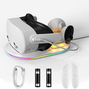 Base De Carga Aaronmei Meta Quest 3S Con Correa De Cabeza Vr Y 2 Baterías Recargables 1800Mah Blanco