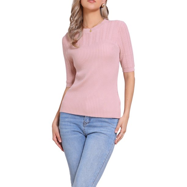 INSPIRE CHIC Suéteres de Manga Corta para Mujeres Cuello Redondo Elegante Casual Trabajo Jersey Camiseta Conjunto de Otoño 2025 M Rosa