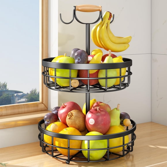 Frutero SAYZH de 2 niveles con colgador para plátanos y mango de madera, color negro