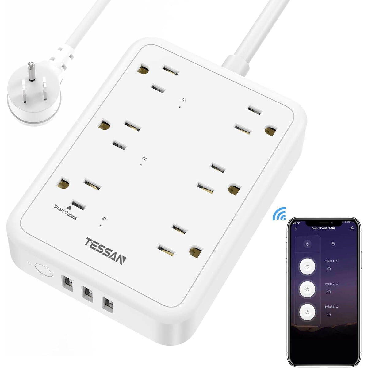 Regleta Inteligente Tessan Wifi 3 Enchufes 3 Usb Alexa Google