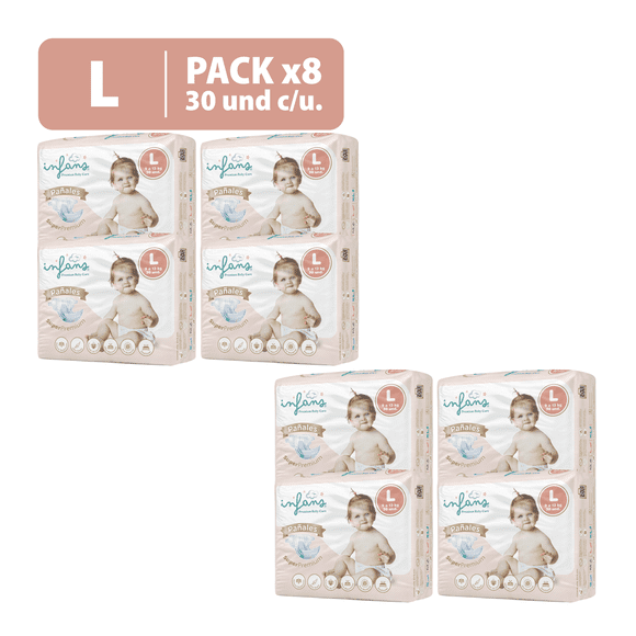 INFANS Talla L Pañales Desechables - Caja Mayorista 240 Unidades (8 Packs x 30)