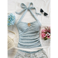 Farmers - Women'S Fitted Ribbed Knit Top With V-Neck, Tie Straps, And Metallic Floral Texture