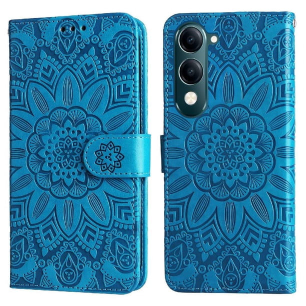 Funda tipo cartera FOXDOCK para Vivo Y29s 5G , diseño girasol en relieve, cuero PU, cierre magnético, soporte y tarjetero