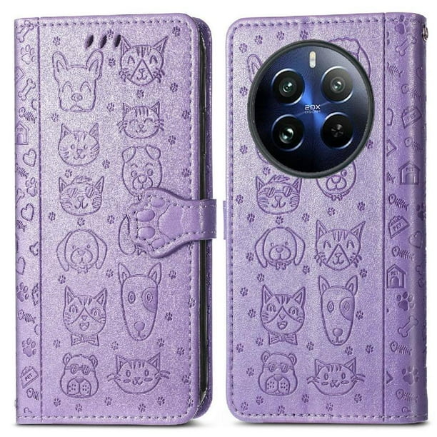 Funda Cartera FOXDOCK para Realme 12 Pro , Flip PU con Relieve de Gatos y Perros, Tarjetero y Soporte