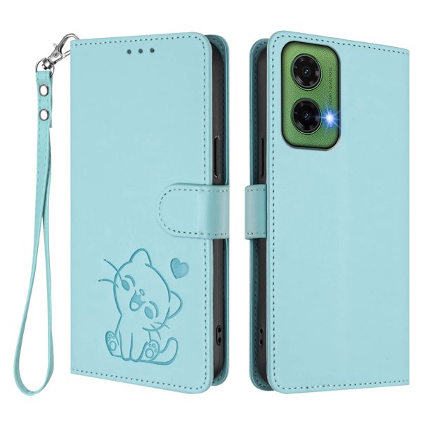 Motorola MOTO G35 5G Funda Billetera con Estampado de Gato, Verde Claro