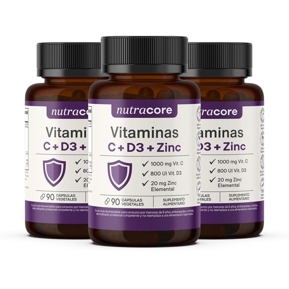 Vitaminas C + D3 + Zinc - Pack 3x90 Cápsulas Vegetales | NutraCore