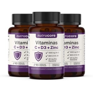 Vitaminas C + D3 + Zinc - Pack 3X90 Cápsulas Vegetales | Nutracore