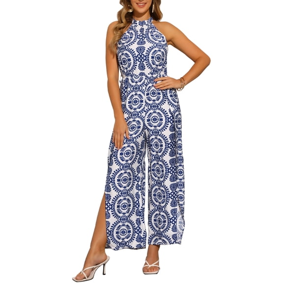 INSPIRE CHIC Mono Casual Sin Mangas para Mujer con Patrón Boho, Cuello Halter Anudado, Pantalones Anchos con Abertura para la Playa, S Azul