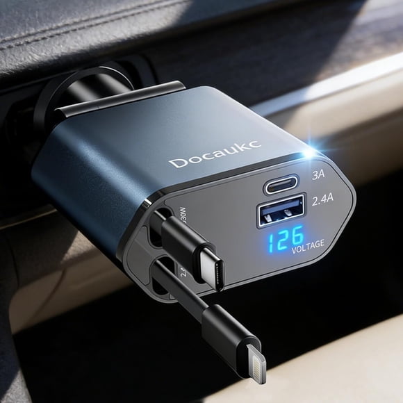Cargador retráctil para auto Docaukc 4 en 1 PD 30 W 12 V/24 V