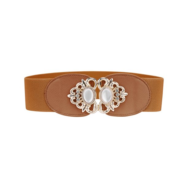 Allegra K Dama 2.36" Ancho Cinturones Elásticos, Cuero Sintético Opal con Cuentas de Diamantes de Imitación Incrustados Cinturón Elástico para Vestido 66 cm/26" Camel