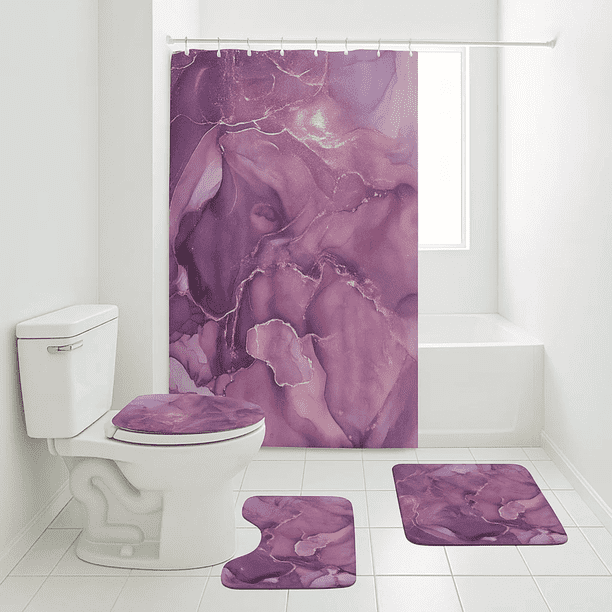 Set Juego De Baño Con Cortina Cubre Inodoro 4 Piezas