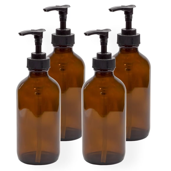 Botellas con bomba de vidrio Cornucopia 235 ml (paquete de 4, marrón ámbar)