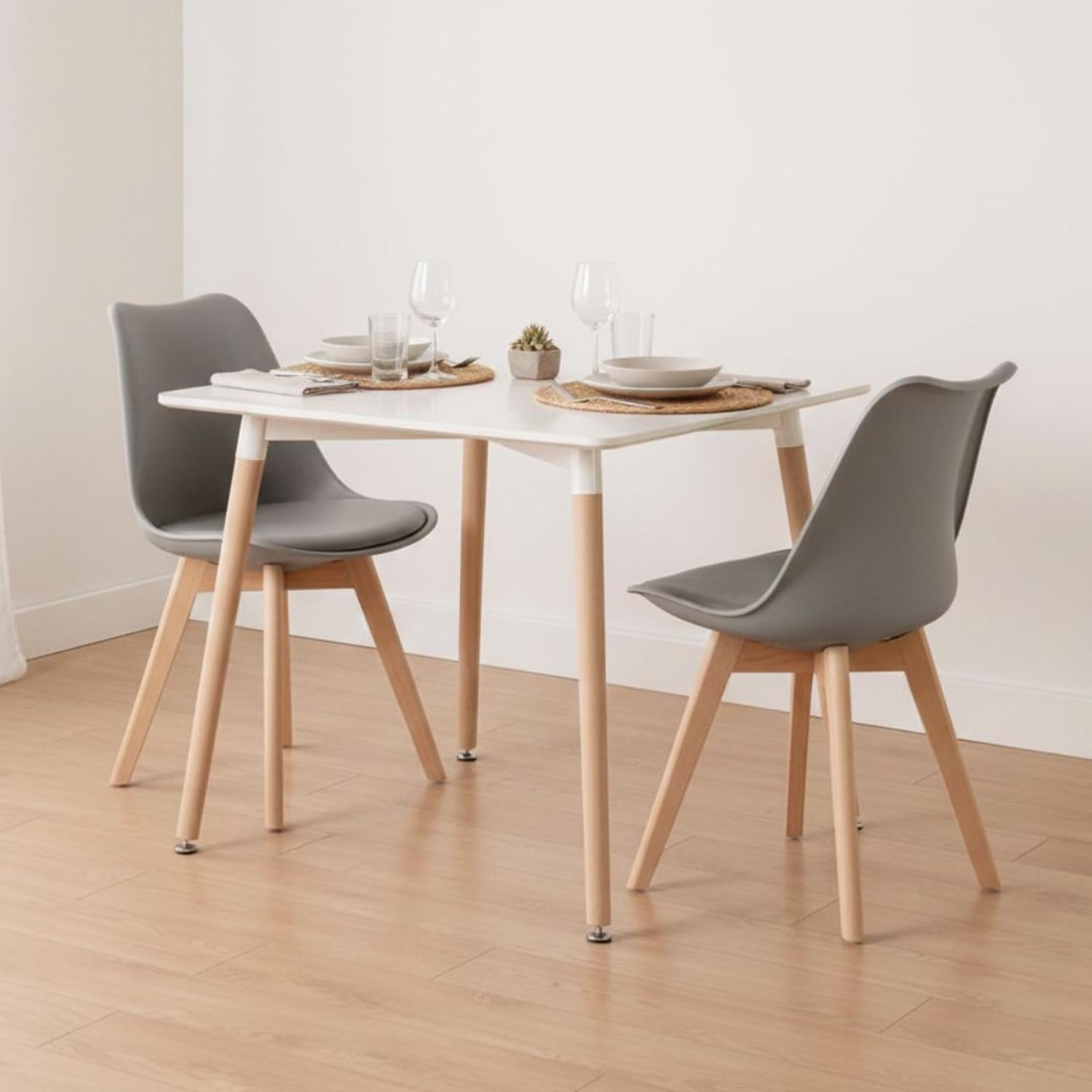 Pandalino - Comedor Mesa Aroa Blanca 80x80 Cm + 2 Sillas Tulip Gris