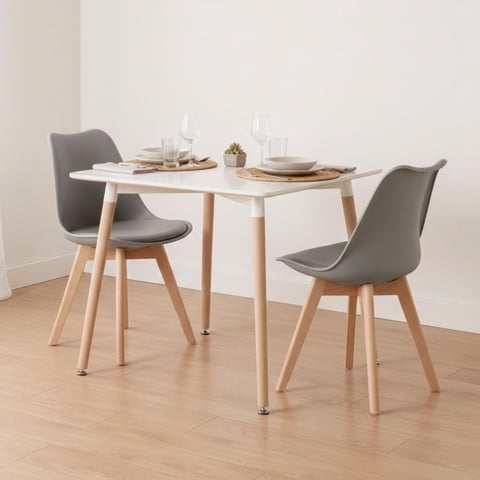 Pandalino - Comedor Mesa Aroa Blanca 80X80 Cm + 2 Sillas Tulip Gris