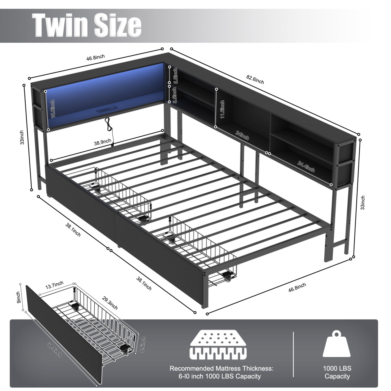 M&ms - Twin Corner Daybed With Storage Drawers, Bookcase Headboard, Led Lighting & Usb Charging Station