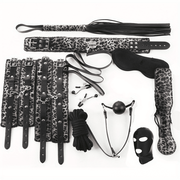 Sexy Leopard Pattern Leather Plush BDSM Bondage Set with Handcuffs, Whip, Nipple Clip, and Headgear - Adult Sex Game Accessories for Exploring Your Desires
