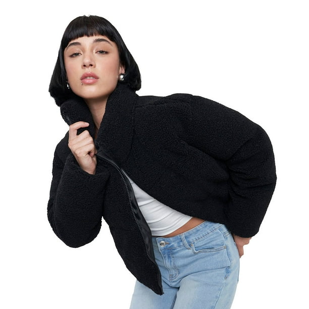 Chaqueta Mujer Teddy Negro Cuello Alto Corona