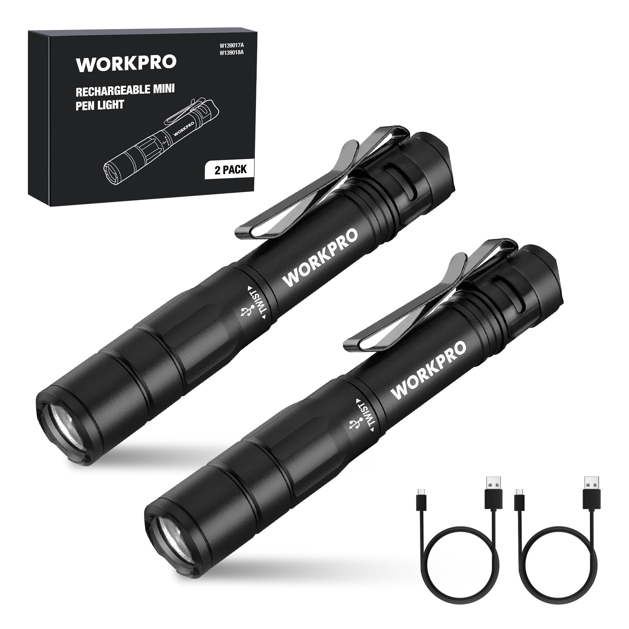 Flashlight Workpro - Lápiz Recargable (300 Lm, 2 Unidades), Color Negro