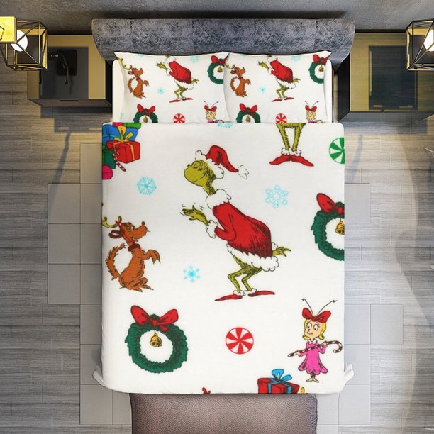 Merry Christmas Grinch 3 Pieces Duvet Cover Set Full Size Super Soft Fade Resistant Microfiber 1 Cover with Zipper and 2 Pillowcases,Easy Care Breathable Cozy Bedding Set Bed Shee