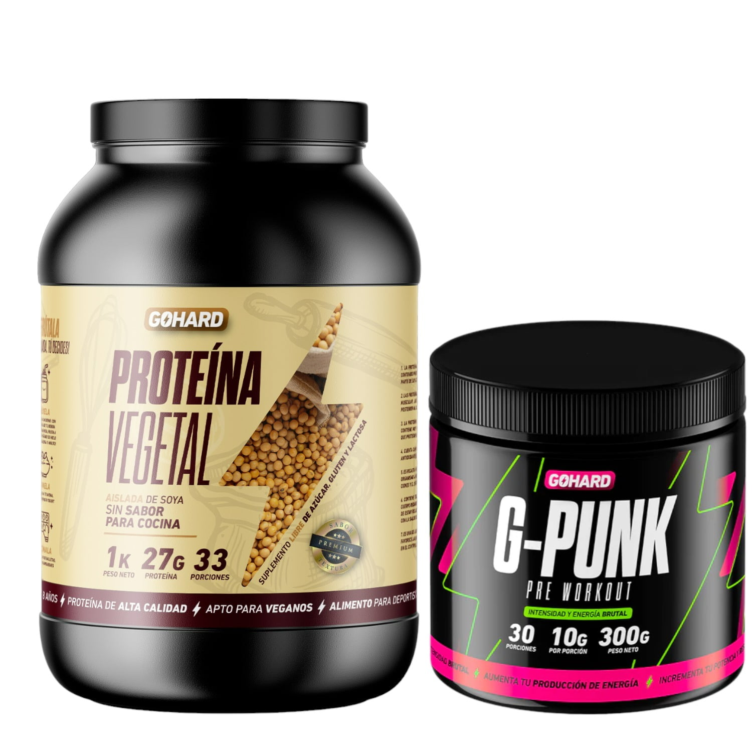 Gohard - Proteina Vegetal 33 Serv. 1kg Sin Sabor & Pre Entrenamiento G-punk 30 Serv